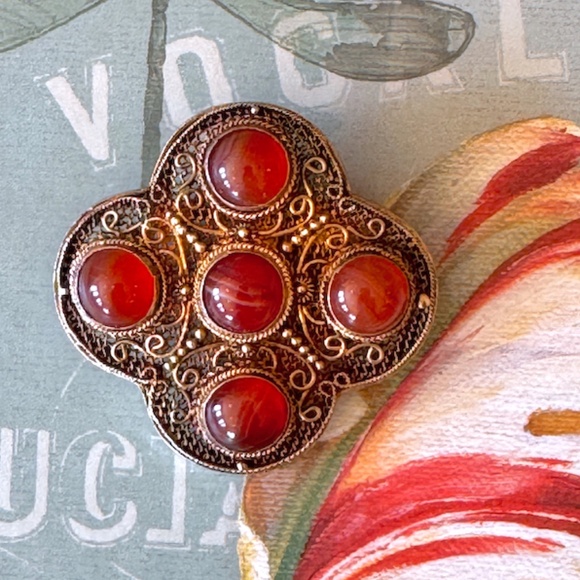 Chinese Silver Filigree Enamel Brooch With Carved Carnelian  Antique Chinese Export Silver Vermeil Carnelian Brooch